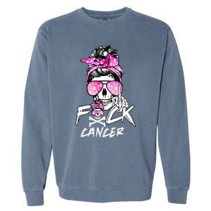 Fuck Breast Cancer  Warrior Pink Ribbon Messy Bun Hair Garment-Dyed Sweatshirt