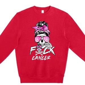 Fuck Breast Cancer  Warrior Pink Ribbon Messy Bun Hair Premium Crewneck Sweatshirt