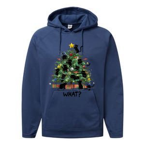 Funny Black Cat Pushing Christmas Tree Over Cat What Performance Fleece Hoodie