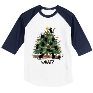 Funny Black Cat Pushing Christmas Tree Over Cat What Baseball Sleeve Shirt