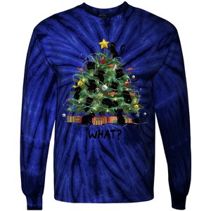 Funny Black Cat Pushing Christmas Tree Over Cat What Tie-Dye Long Sleeve Shirt