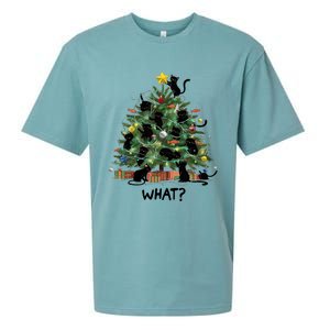 Funny Black Cat Pushing Christmas Tree Over Cat What Sueded Cloud Jersey T-Shirt