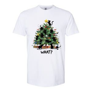 Funny Black Cat Pushing Christmas Tree Over Cat What Softstyle CVC T-Shirt