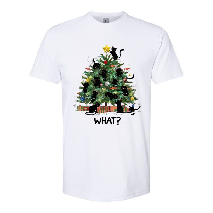 Funny Black Cat Pushing Christmas Tree Over Cat What Softstyle CVC T-Shirt