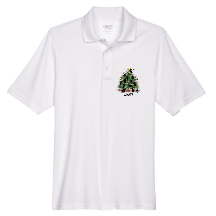 Funny Black Cat Pushing Christmas Tree Over Cat What Men's Origin Performance Pique Polo