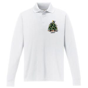 Funny Black Cat Pushing Christmas Tree Over Cat What Performance Long Sleeve Polo