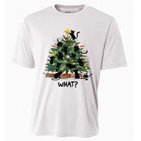 Funny Black Cat Pushing Christmas Tree Over Cat What Cooling Performance Crew T-Shirt