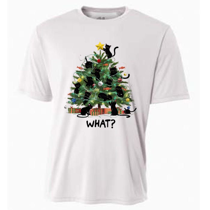 Funny Black Cat Pushing Christmas Tree Over Cat What Cooling Performance Crew T-Shirt