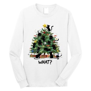 Funny Black Cat Pushing Christmas Tree Over Cat What Long Sleeve Shirt