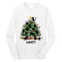 Funny Black Cat Pushing Christmas Tree Over Cat What Long Sleeve Shirt