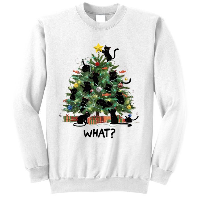 Funny Black Cat Pushing Christmas Tree Over Cat What Sweatshirt