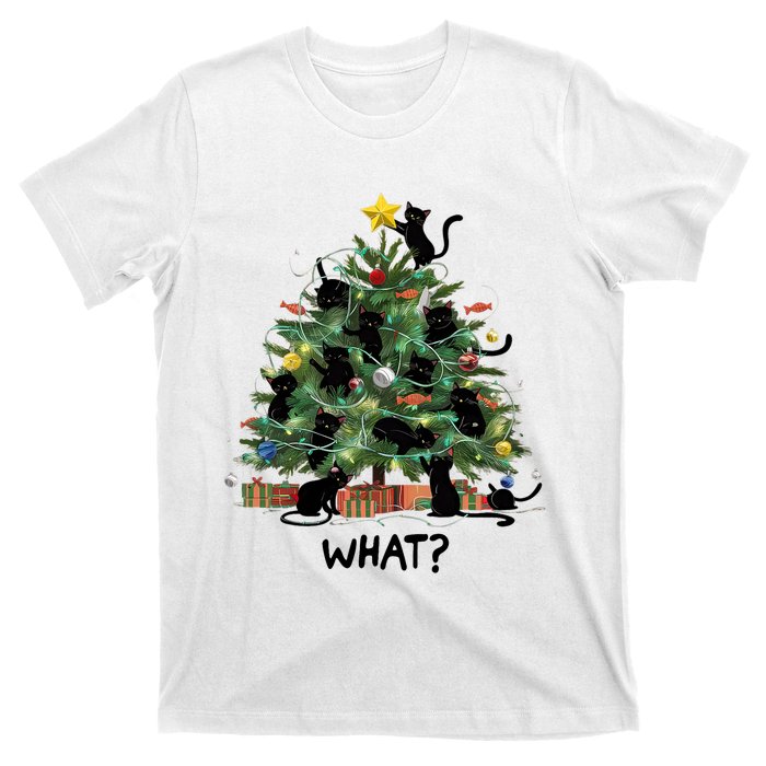 Funny Black Cat Pushing Christmas Tree Over Cat What T-Shirt