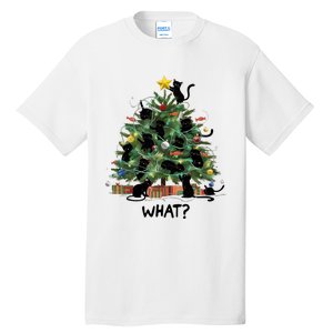 Funny Black Cat Pushing Christmas Tree Over Cat What Tall T-Shirt