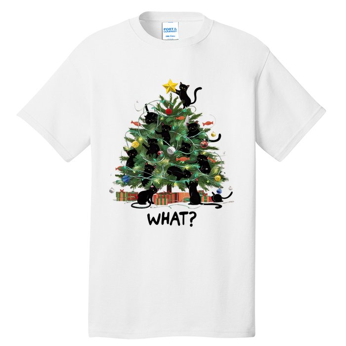 Funny Black Cat Pushing Christmas Tree Over Cat What Tall T-Shirt