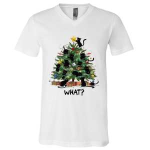 Funny Black Cat Pushing Christmas Tree Over Cat What V-Neck T-Shirt