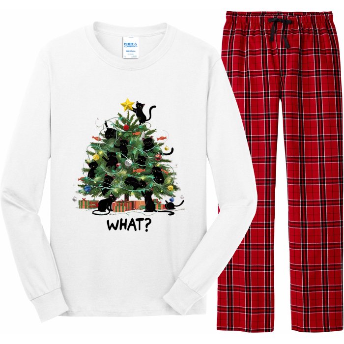 Funny Black Cat Pushing Christmas Tree Over Cat What Long Sleeve Pajama Set