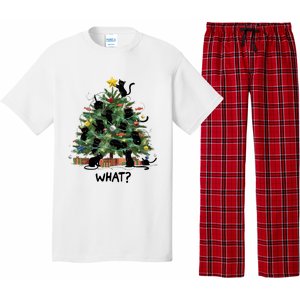 Funny Black Cat Pushing Christmas Tree Over Cat What Pajama Set