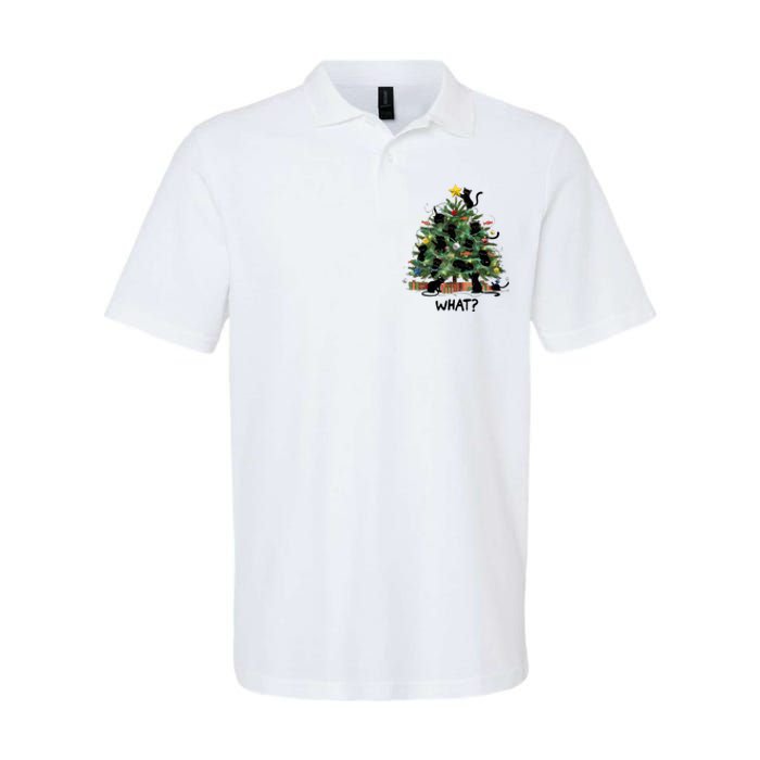 Funny Black Cat Pushing Christmas Tree Over Cat What Softstyle Adult Sport Polo