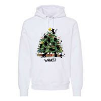 Funny Black Cat Pushing Christmas Tree Over Cat What Premium Hoodie