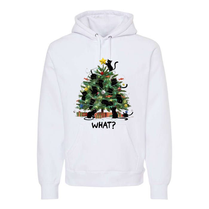 Funny Black Cat Pushing Christmas Tree Over Cat What Premium Hoodie