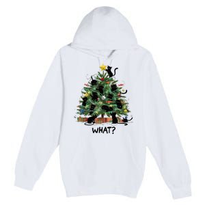 Funny Black Cat Pushing Christmas Tree Over Cat What Premium Pullover Hoodie