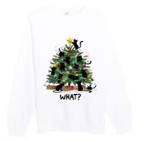 Funny Black Cat Pushing Christmas Tree Over Cat What Premium Crewneck Sweatshirt