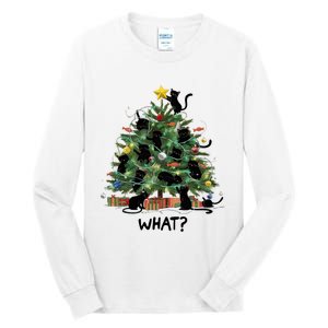 Funny Black Cat Pushing Christmas Tree Over Cat What Tall Long Sleeve T-Shirt