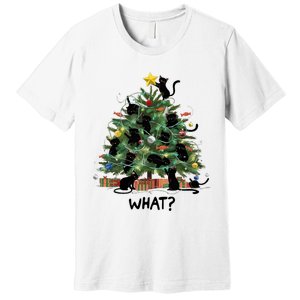 Funny Black Cat Pushing Christmas Tree Over Cat What Premium T-Shirt