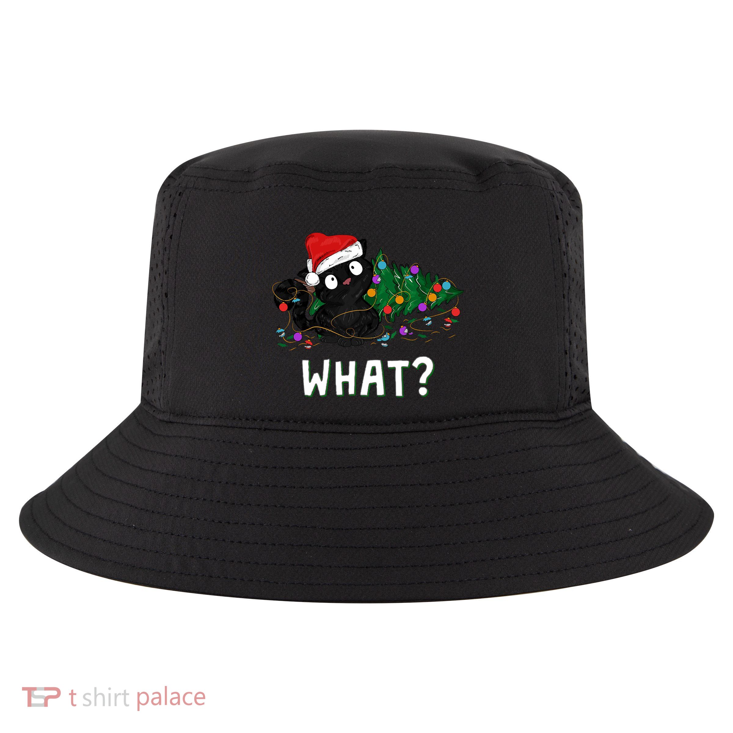 Funny Black Cat Pushing Christmas Tree Over Graphic Design Cool Comfort Performance Bucket Hat