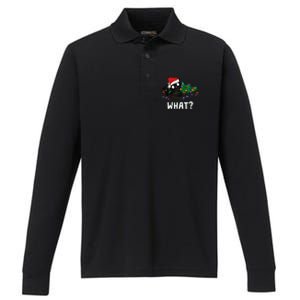 Funny Black Cat Pushing Christmas Tree Over Graphic Design Performance Long Sleeve Polo