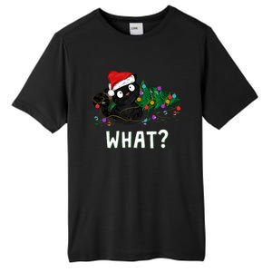 Funny Black Cat Pushing Christmas Tree Over Graphic Design Tall Fusion ChromaSoft Performance T-Shirt