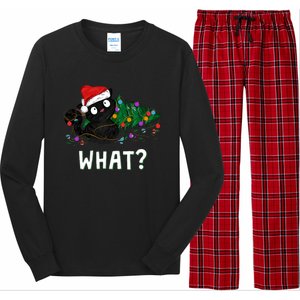 Funny Black Cat Pushing Christmas Tree Over Graphic Design Long Sleeve Pajama Set