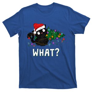 Funny Black Cat Pushing Christmas Tree Over Graphic Design T-Shirt