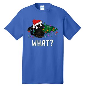 Funny Black Cat Pushing Christmas Tree Over Graphic Design Tall T-Shirt