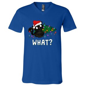 Funny Black Cat Pushing Christmas Tree Over Graphic Design V-Neck T-Shirt