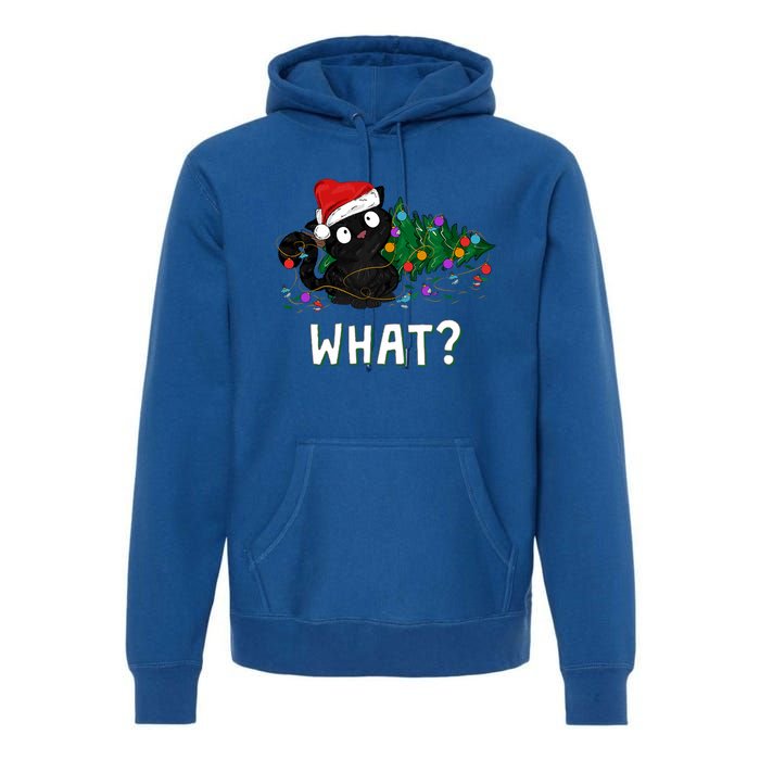 Funny Black Cat Pushing Christmas Tree Over Graphic Design Premium Hoodie