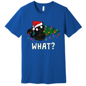 Funny Black Cat Pushing Christmas Tree Over Graphic Design Premium T-Shirt