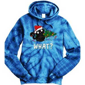 Funny Black Cat Pushing Christmas Tree Over Graphic Design Tie Dye Hoodie