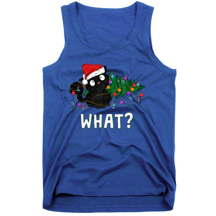 Funny Black Cat Pushing Christmas Tree Over Graphic Design Tank Top