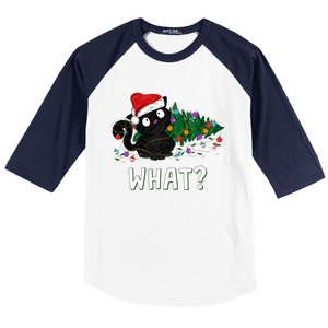 Funny Black Cat Pushing Christmas Tree Over Graphic Design Baseball Sleeve Shirt