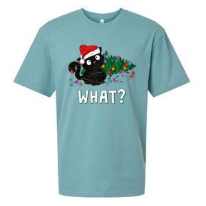 Funny Black Cat Pushing Christmas Tree Over Graphic Design Sueded Cloud Jersey T-Shirt