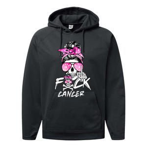 Fuck Breast Cancer Women Warrior Pink Ribbon Messy Bun Hair Performance Fleece Hoodie