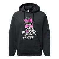 Fuck Breast Cancer Women Warrior Pink Ribbon Messy Bun Hair Performance Fleece Hoodie