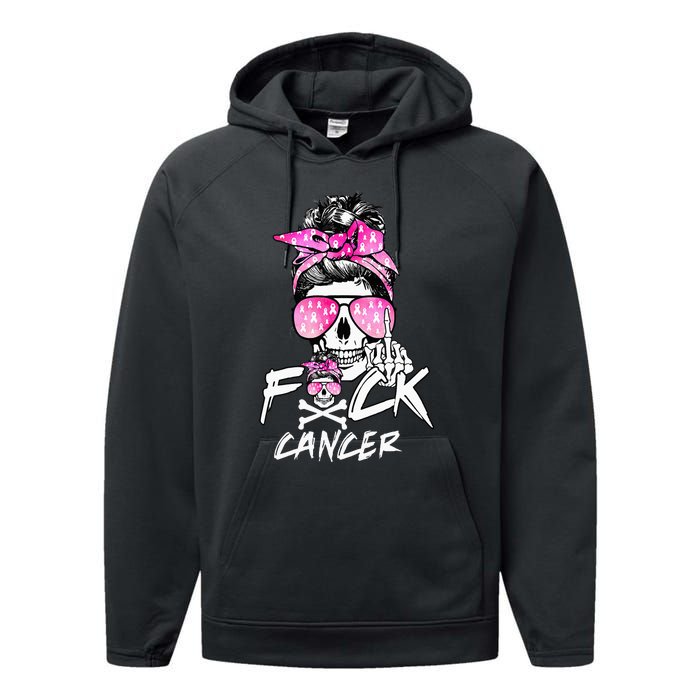 Fuck Breast Cancer Women Warrior Pink Ribbon Messy Bun Hair Performance Fleece Hoodie