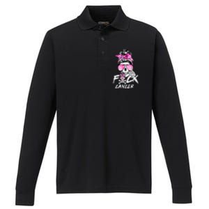 Fuck Breast Cancer Women Warrior Pink Ribbon Messy Bun Hair Performance Long Sleeve Polo