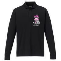 Fuck Breast Cancer Women Warrior Pink Ribbon Messy Bun Hair Performance Long Sleeve Polo