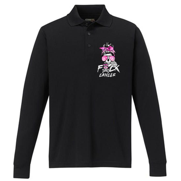 Fuck Breast Cancer Women Warrior Pink Ribbon Messy Bun Hair Performance Long Sleeve Polo