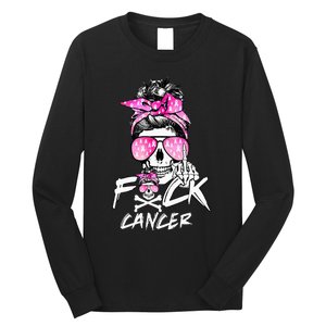 Fuck Breast Cancer Women Warrior Pink Ribbon Messy Bun Hair Long Sleeve Shirt