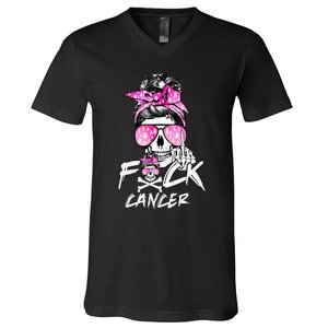 Fuck Breast Cancer Women Warrior Pink Ribbon Messy Bun Hair V-Neck T-Shirt