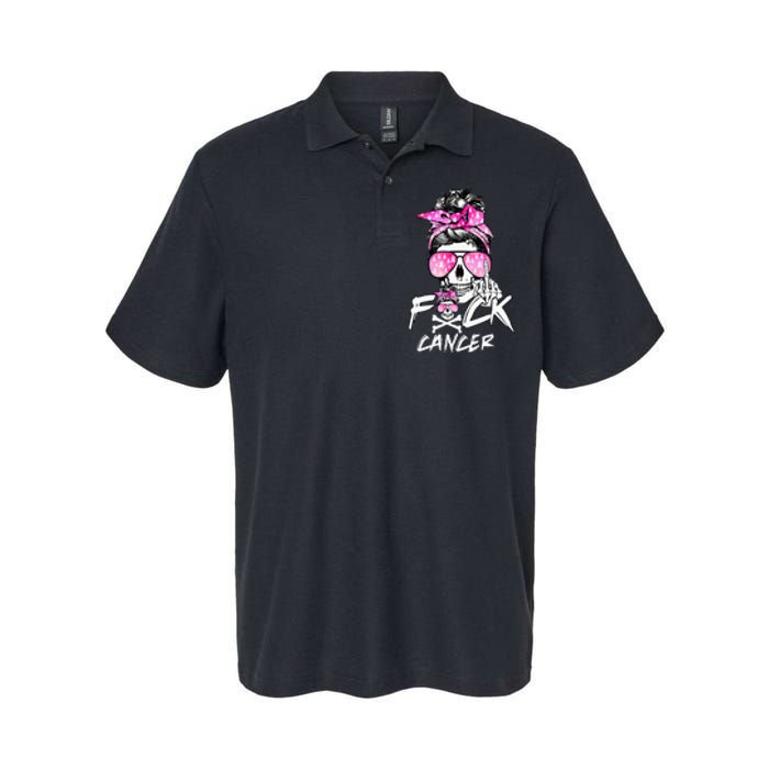 Fuck Breast Cancer Women Warrior Pink Ribbon Messy Bun Hair Softstyle Adult Sport Polo